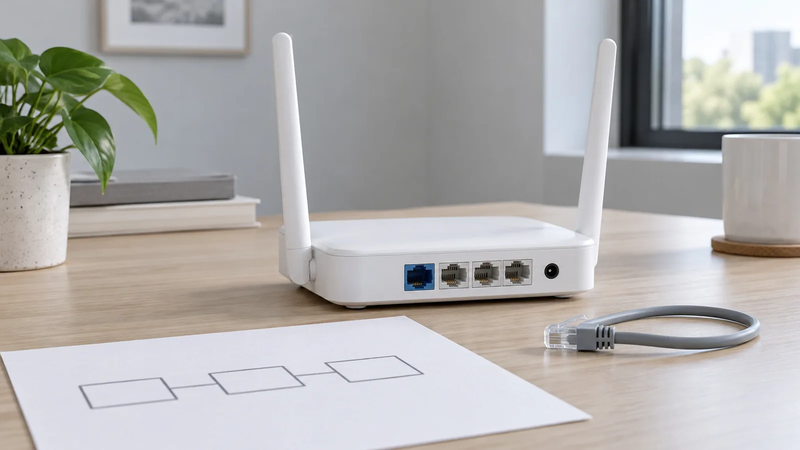 Márkajelzés nélküli fehér asztali Wi-Fi router látható hátsó Ethernet-portokkal egy egyszerű hálózati vázlat mellett
