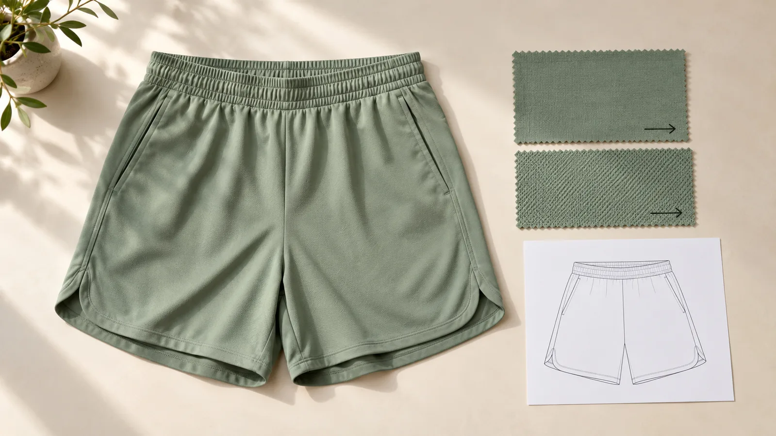 Activewear rövidnadrág minta a megjelölt irányú szövetminták és egy panelvázlat mellett
